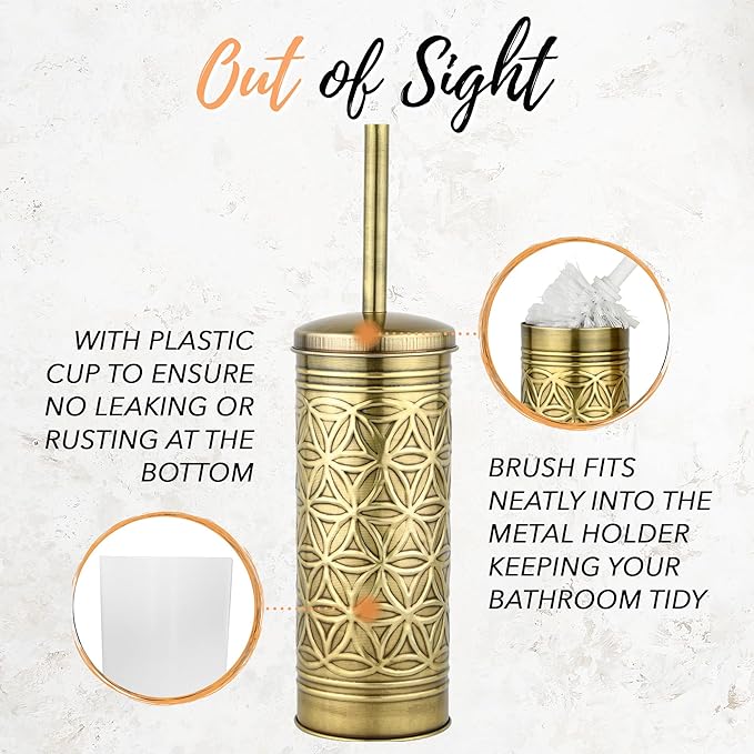 Autumn Alley Toilet Brush and Holder Set with Brushed Brass Bathroom Trash Can – Brass Bathroom Accessories Garbage Can Set for Rustic and Modern Bathroom Décor