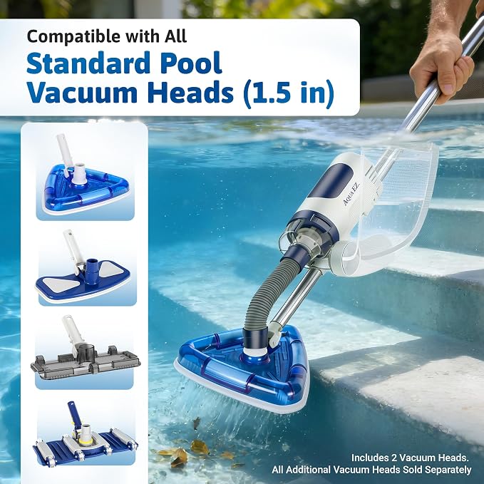 Aqua EZ RPV901 Rechargeable Pool Vacuum – Cordless, Consistent Runtime, Works in All Pools, Includes 2 Vacuum Heads, Compatible with All Standard Vac Heads, Attaches to Any Pool Pole