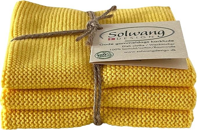 Solwang 3-Piece Danish Cotton Dishcloths in 100% Certified Organic Cotton Made in India (Bright Yellow Organic Trio)
