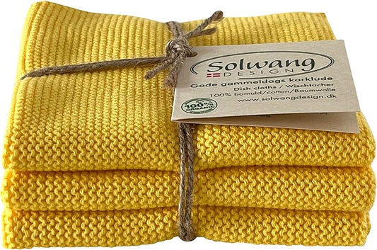 Solwang 3-Piece Danish Cotton Dishcloths in 100% Certified Organic Cotton Made in India (Bright Yellow Organic Trio)