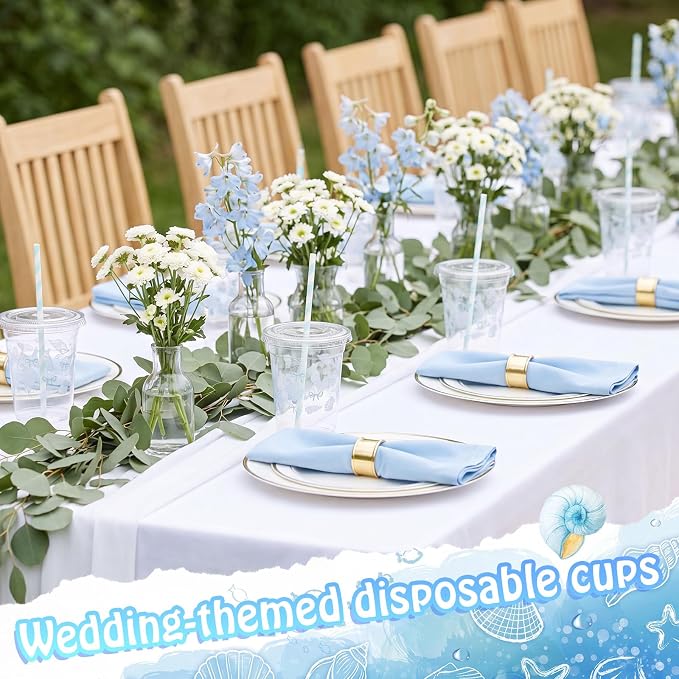 Domensi 25 Sets Seashell Themed Plastic Cups with Lids and Paper Straws 12oz Blue Ocean Disposable Drinking Cups Bulk for Cold Drinks Baby Shower Wedding Summer Theme Birthday Party Supplies