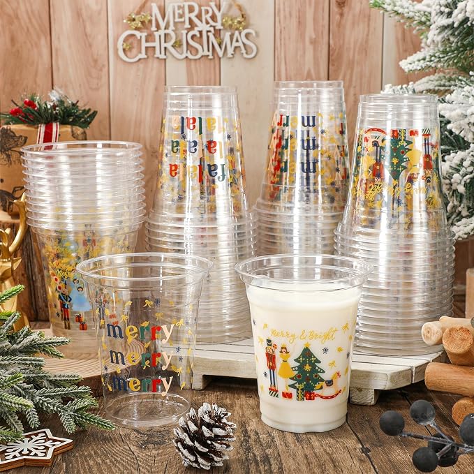JarThenaAMCS 100 Pcs Christmas Plastic Cups 4 Styles Cartoon Nutcracker Clear Disposable Drinking Cup for Winter Holiday Xmas Party Favor Supplies, 12 Oz