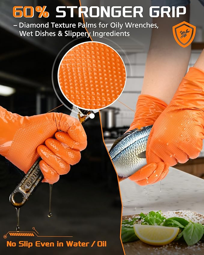wcy 9 Mil Heavy Duty Orange Nitrile Gloves,Raised Diamond Texture Grip,Industrial Mechanic Rubber Gloves Disposable Latex Free Chemical Resistant Guantes for Work,Cooking,Food Safe - XLarge,80Count