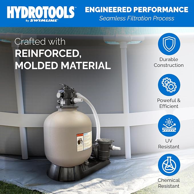 HYDROTOOLS BY SWIMLINE 16 Inch Sand Filter Combo Set With Stand & Multi Port Valve | 100 Pound Sand Capacity
