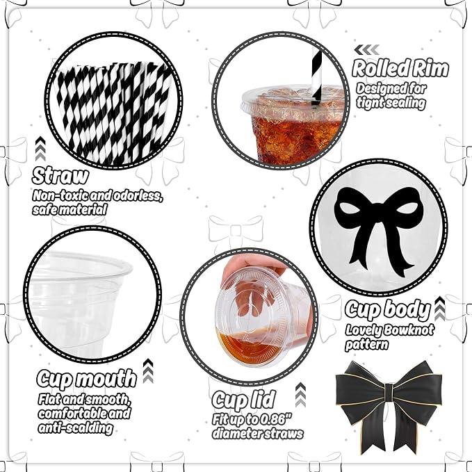 Whaline 50 Pcs Black Bow Disposable Plastic Cups with Lids and Straws 12 Oz Elegant Bow Knot Cold Beverage Drinking Cups for Wedding Birthday Bridal Baby Shower Party Supplies