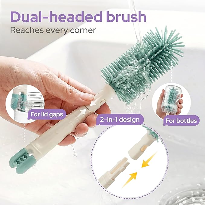 Lalalark Bottle Brush Kit, 7-in-1 Foldable Baby Bottle Drying Rack & Cleaning Set for Home and Travel, Perfect Essentials Gift for Mom After Birth, Cyan