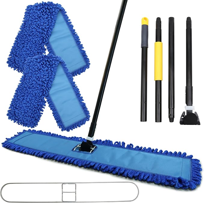 KLEEN HANDLER 36" Microfiber Dust Mop with Frame and 61" Extendable Clip-On Handle (2 Mop Heads, 1 Frame, 1 Handle), Commercial Dust Mop Kit for Floor Cleaning