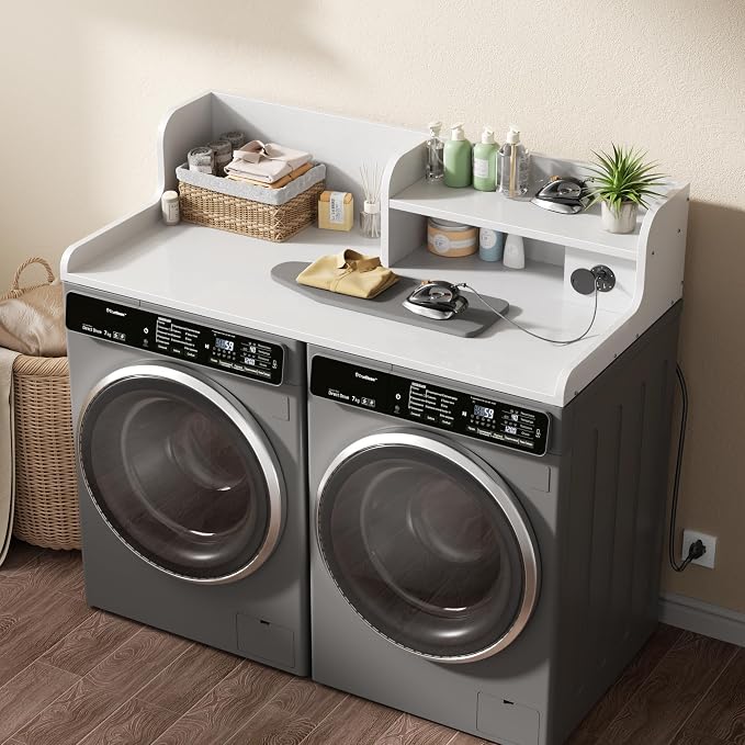 DTK Washer Dryer Countertop with Charging Station, 2 Tier Laundry Countertop with Anti-Slip Strips, 27.55" Depth x 54" Width, Wood Dryer Cover with Shelf,White (White)