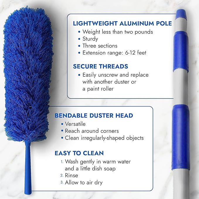New U.S. Duster Company Triple Action High Reach Dusting Kit | Webster Cobweb Ceiling Fan Duster with 13 to 20 Foot Extension Telescope Pole | Lightweight Microfiber Cleaning Set…