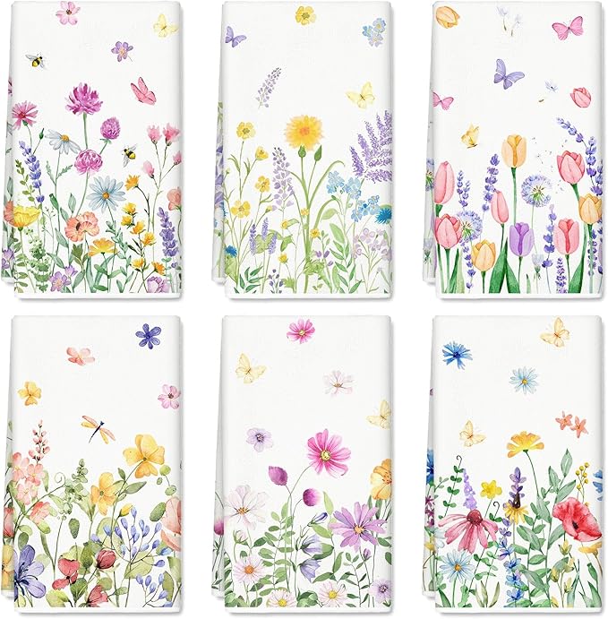 JarThenaAMCS 6Pcs Spring Summer Floral Kitchen Dish Towels Watercolor Wildflower 18 x 28 Inch Assorted Colorful Flower Hand Drying Tea Towels for Bathroom Farmhouse Baking Cooking Cleaning Wipes