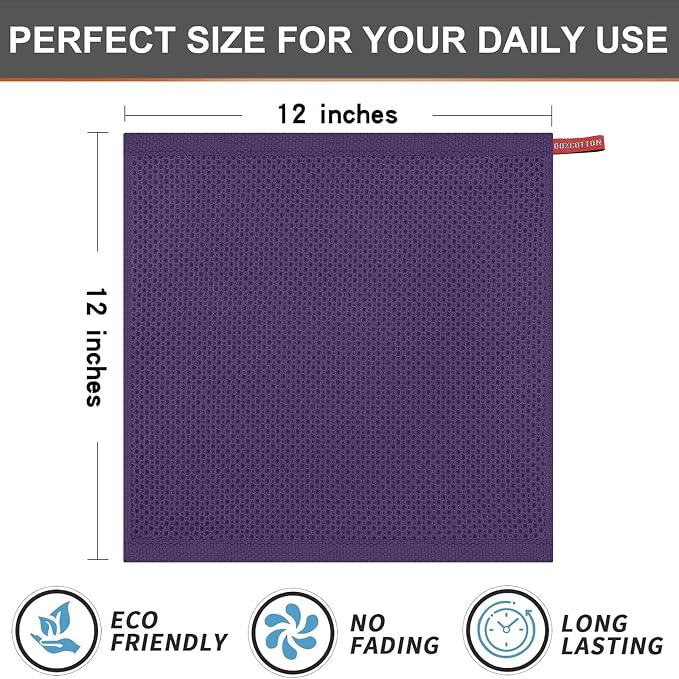 Kitinjoy 100% Cotton Kitchen Dish Cloths (12 X 12 Inches, Eggplant), 6 Pack Waffle Weave Ultra Soft Absorbent Dish Towels for Drying Dishes Quick Drying Kitchen Towels Dish Rags