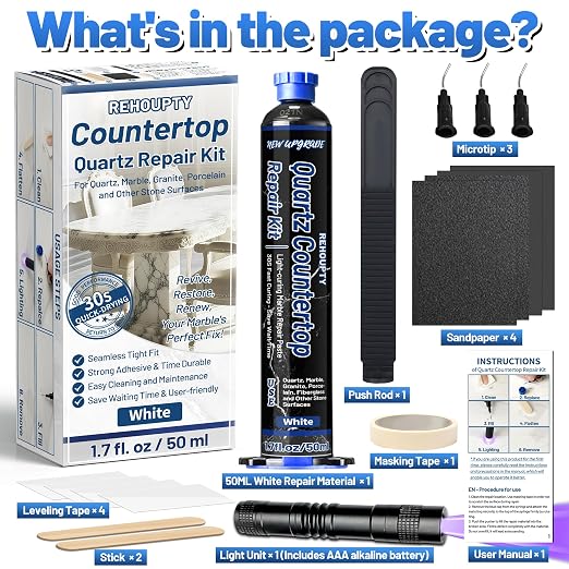 Quartz Countertop Repair Kit 1.7fl.oz / 50ml - 30s Fast Curing DIY Fix Quartz Chip Repair Kit for Cracks Holes & Scratches on Granite Marble Acrylic Fiberglass Porcelain & Corian Surfaces (White)