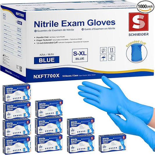 Schneider Nitrile Exam Gloves, Extended 12 Inches Cuff, Medium, 4 mil, 1000-ct Box, Gloves Disposable Latex Free, Powder Free for Medical, Food Prep, Cleaning, Cooking, Blue