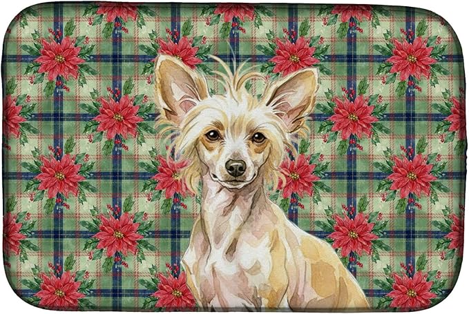 Caroline's Treasures Hairless Palomino Chinese Crested Christmas PoinsettIas Dish Drying Mat Absorbent Dish Drying Mat Pad for Kitchen Counter Dish Drainer Mat for Countertop, 14 x 21", Multicolor