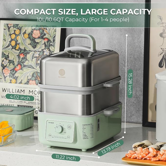 BUYDEEM G52 10.6 Quart 2-Tier Electric Food Steamer for 1-4 Servings, Vegetable Steamer for Cooking, 2-hour Keep Warm, 7 Preset Timings, Dual Boil-Dry Protection, Stainless Steel, Cozy Greenish