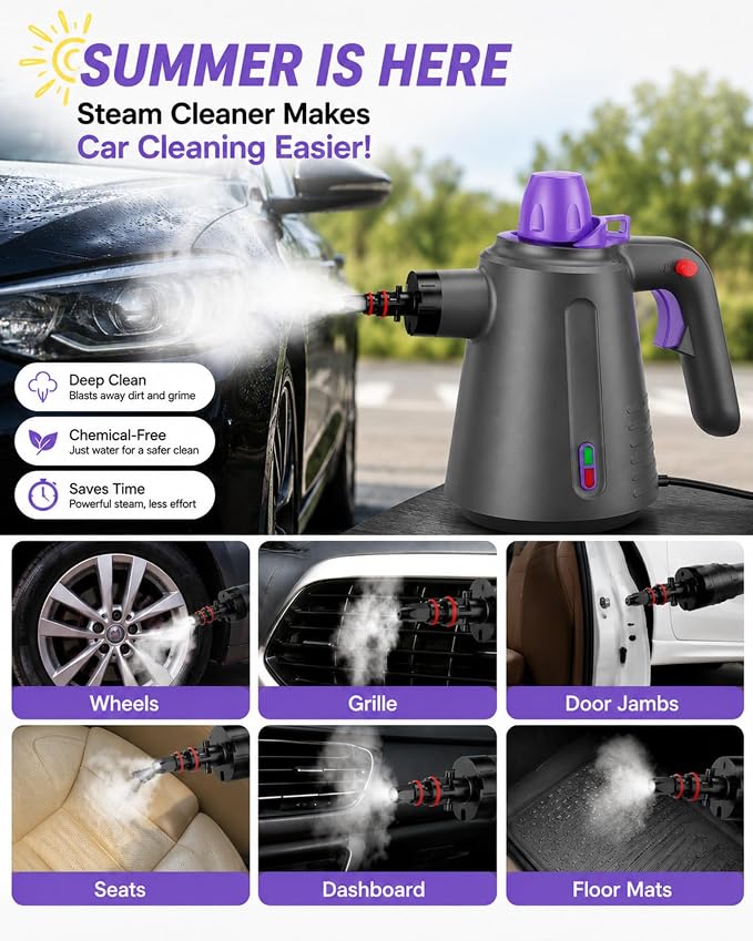Handheld Steam Cleaner for Home, Pressurized Multi Purpose Steamer for Cleaning Upholstery Bed Furniture Couch Carpet Car with 14 Accessories & Safety Lock, Small Container for Grease