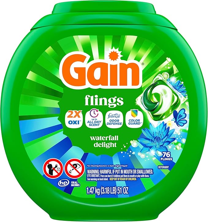 Gain Flings Liquid Washing Detergent Pods, Now with Odor Defense + Color Guard, Waterfall Delight Scent, 4-In-1 liquid laundry detergent pacs, clean & fresh, 76 Count (Packaging May Vary)