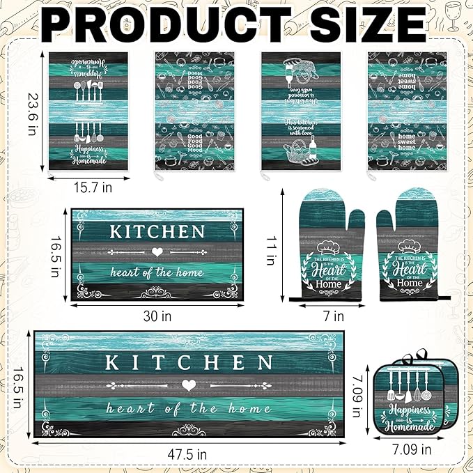 10 Pcs Teal Turquoise Kitchen Decor and Accessories Set, 4 Dish Towels Kitchen Rugs 2 Oven Mitts 2 Pot Holders, Home Decor for Cooking Baking BBQ Gifts Women Mom Housewarming