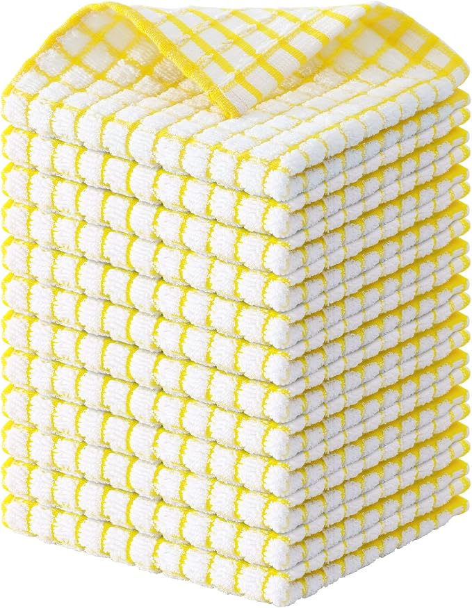 Kitinjoy Cotton 12 Pack Terry Kitchen Dish Cloths, 12 x 12 Inches Super Soft and Absorbent Dish Rags, Quick Drying Dish Towels for Washing Dishes, Yellow