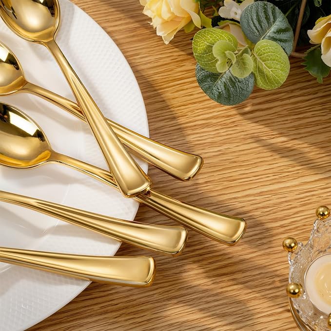 Liacere 200 Pack Gold Plastic Spoons - 6.7 inch Heavy Duty Plastic Spoons - Heavyweight Gold Disposable Spoons for Parties & Weddings & Restaurants & Christmas & New Year