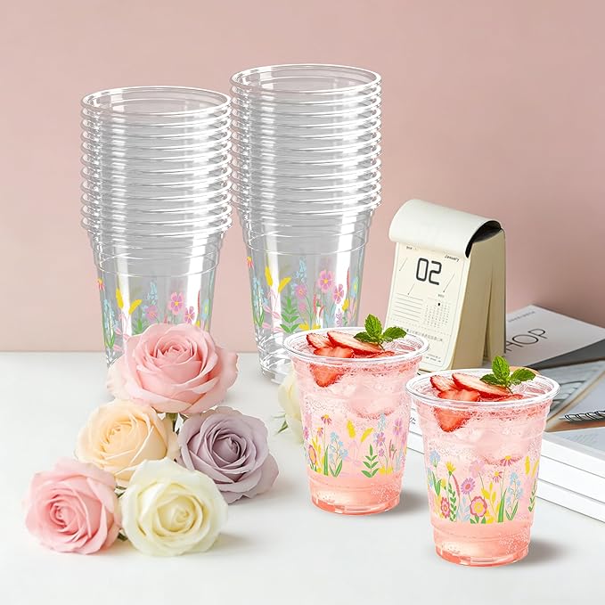 100 Pcs Wildflowers Plastic Cups 16 oz Spring Flowers Disposable Clear Plastic Cups Summer Drinking Cup for Floral Baby Shower Birthday Wedding Party Decoration Supplies