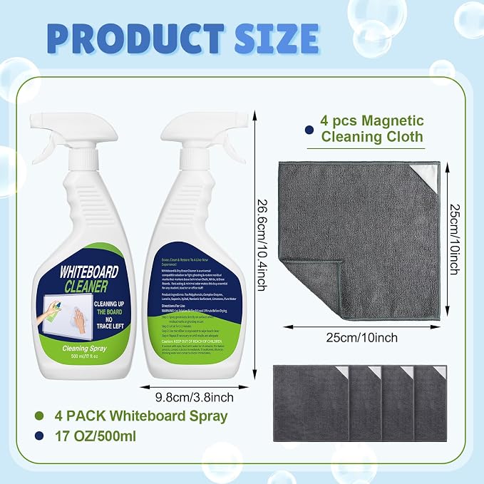 Fuyoooo 8 Pcs Whiteboard Cleaner Set 4 17 fl oz Dry Erase Board Liquid Cleaner with 4 Cloths White Board Cleaning Spray for Classroom Chalkboard Home Office (Grey)