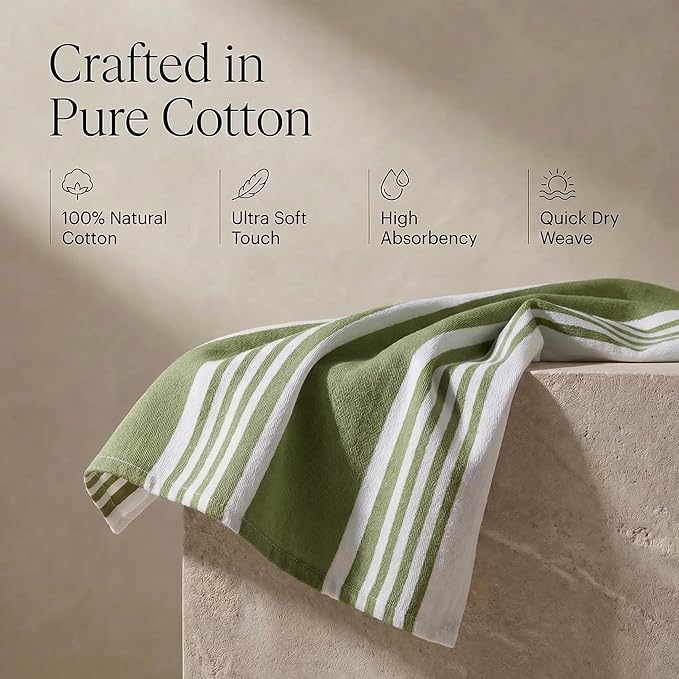 Urban Villa Kitchen Towels 100% Cotton Dish Towels for Kitchen (Set of 6)20”x30” Dish Cloths Highly Absorbent Kitchen Linen Set with Hanging Loop Perfect for Drying Dishes Cleaning Towels-Green White