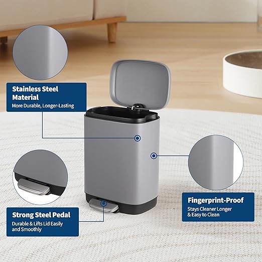 12L Bathroom Trash Can with Lid, Stainless Steel Kitchen Trash Can with Odor-Protective Lid | Hands-Free, with Foot Pedal and Trash Bag Ring, Removable Inner Bin, Suitable for Bathrooms, Gray