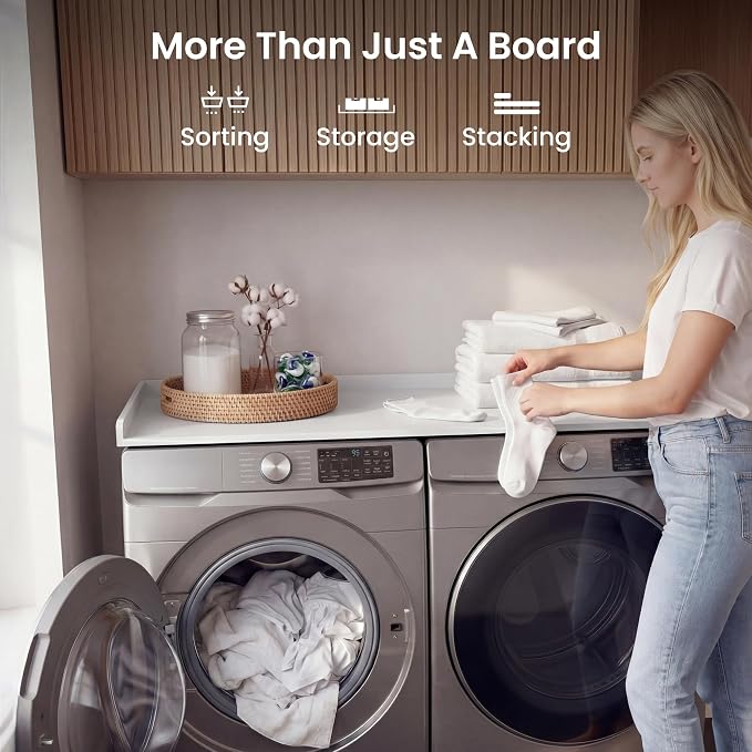 Premium Washer Dryer Countertop 54" W x 27.5" D x 3.1" H, One Solid Base Board Laundry Room Topper with Edge Rails, Washing Machine Top, Painted Finish, Anti-Slip Feet, Engineered Wood, White Color