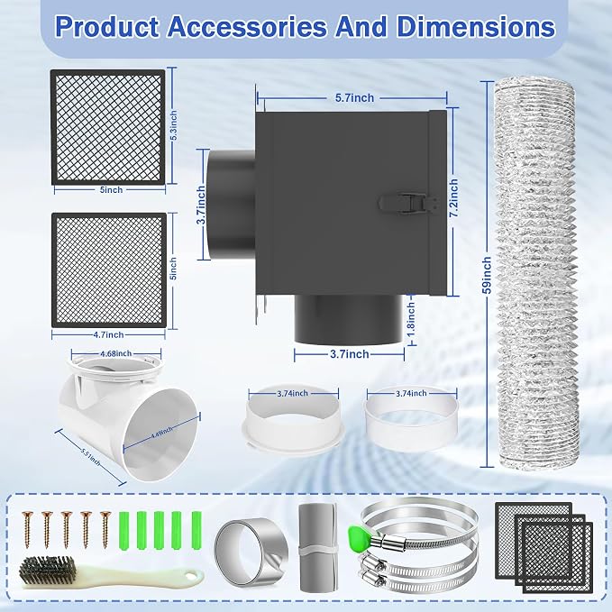 Dryer Lint Trap, Indoor Dryer Vent Box with Lint Catcher, Metal Dryer Duct Lint Trap with 90° Degree Dryer Vent Elbow, Easy Clean Filter, Transparent Door & Clamps Aluminum Foil Tape Cleaning Brush