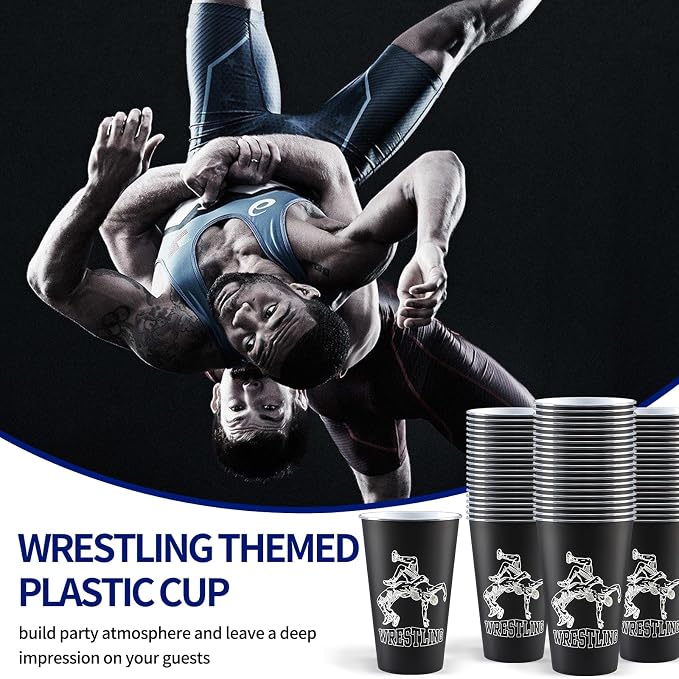 Free Hugs Wrestling Birthday Supplies, 20pcs Disposable Plastic Cups 16 Oz Drinking Cup with Lid, Dad Husband Boyfriend Uncle Funny Wrestling Party Decoration for Cold Drinks (wrestling)