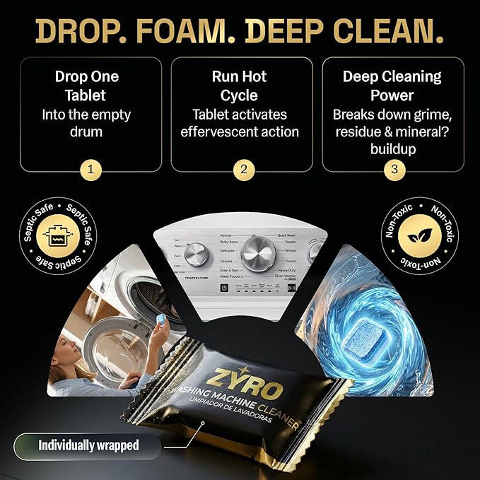 Zyro Washing Machine Cleaner & Mold Stain Remover Gel Bundle | 24 Pack Washer Cleaner Tablets + Heavy Duty Mildew & Grout Cleaning Gel