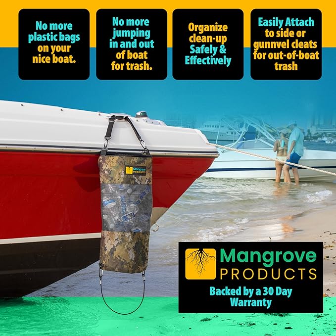 Mangrove Products: Portable Boat Trash Can, Reusable Trash Bag, Boating Equipment, Boat Storage, Boat Accessories Marine, Pontoon Boat Accessories, Fishing, Sandbar, RV, or Camping