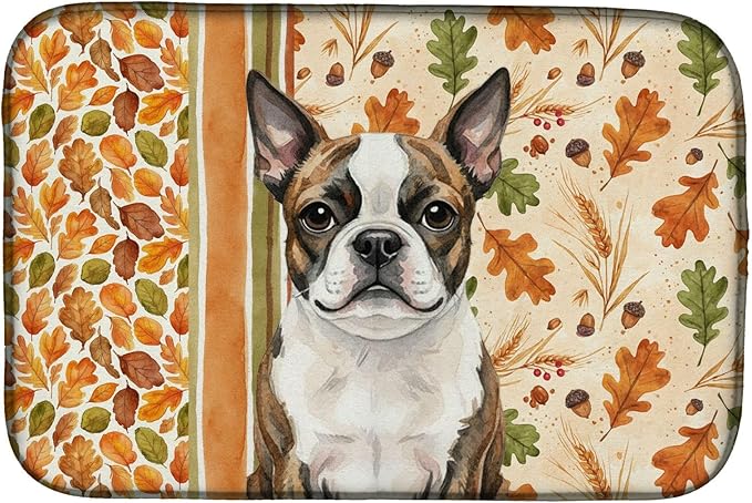 Caroline's Treasures Brindle Boston Terrier Heirloom Fall Dish Drying Mat Absorbent Dish Drying Mat Pad for Kitchen Counter Dish Drainer Mat for Countertop, 14 x 21", Multicolor
