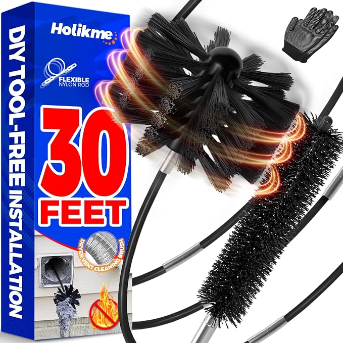 Holikme 30 Feet Dryer Vent Cleaner Kit, Flexible Lint Brush with Drill Attachment, Fireplace Chimney Brushes Extends Up to 30 Feet for Easy Cleaning, Use with or Without a Power Drill, Black
