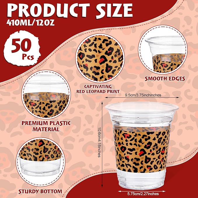 Qinyoung 50 Pcs Red Leopard Print Plastic Cups Cheetah Animal 12oz Disposable Cups Bulk Drinking Cup for Cold Drinks Baby Shower Wedding Birthday Animal Cheetah Print Party Supplies