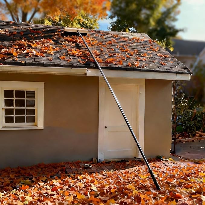 Leaf Roof Brush Cleaning Kit, Stainless Steel Pole (Extends 2ft to 16.5ft), Includes Gloves & Rake for All Roof Types & Solar Panels