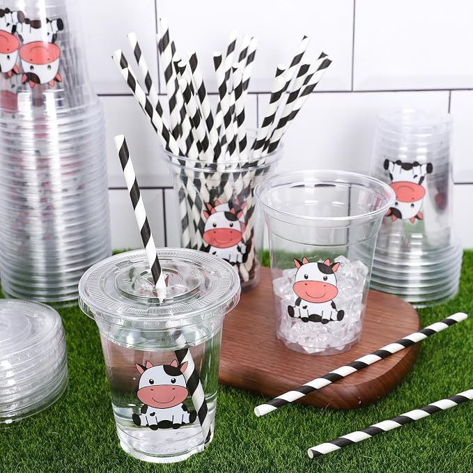 Whaline 50 Pcs Cow Disposable Plastic Cups with Lids and Straws 12 Oz Cute Farm Themed Cold Beverage Drinking Cups for Baby Shower Birthday Party Supplies