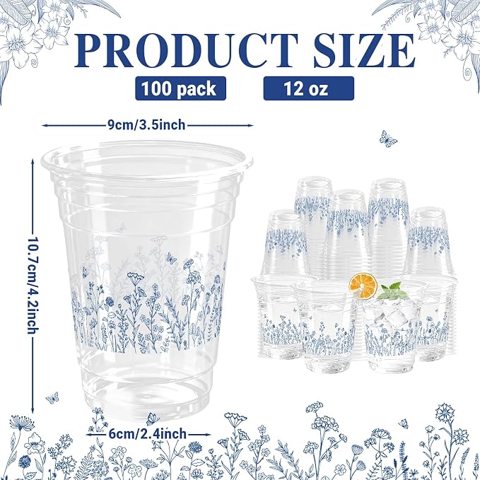 100 Pcs Blue Floral Plastic Cups Chinoiserie Disposable Plastic Cups 12 oz Spring Summer Wildflowers Clear Cups Wedding Birthday Baby Shower Party Supplies