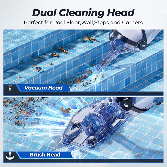 Pool Vacuum for Above Ground Pool, JESIMAIK 18.5 GPM Powerful Suction Pool Vacuum with Telescopic Pole, 60min Runtime Dual Head Rechargeable Pool Cleaner,Ideal for Leaves, Debris