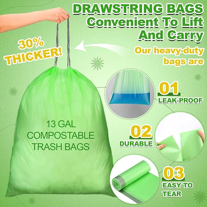 Dunzoom 200 Count 13 Gallon Compostable Trash Bags with Drawstring Tall Kitchen Food Scrap Waste Bag Heavy Duty Extra Thick 1 Mil Tear Resistant for Lawn Yard Home Kitchen Office