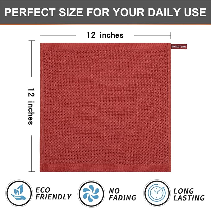 Kitinjoy 100% Cotton Kitchen Dish Cloths (12 X 12 Inches, Brick Red), 6 Pack Waffle Weave Ultra Soft Absorbent Dish Towels for Drying Dishes Quick Drying Kitchen Towels Dish Rags