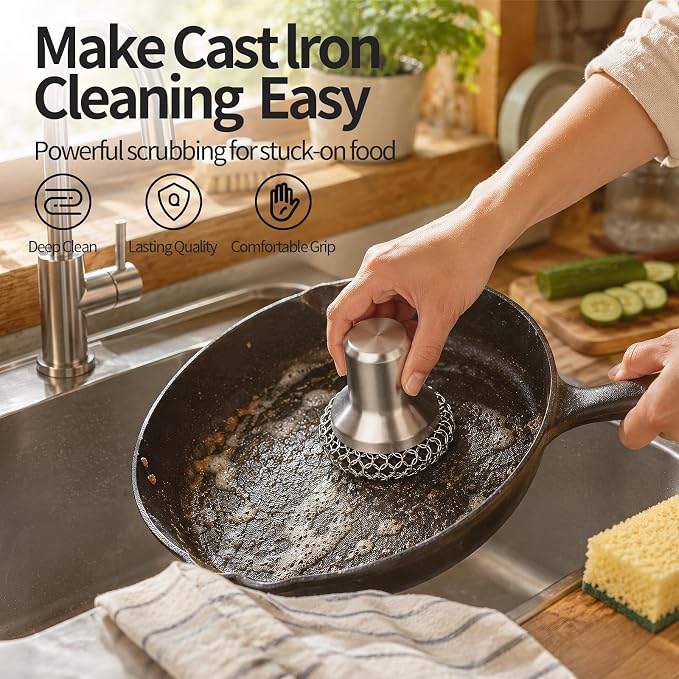 Cast Iron Scrubber and Scraper, 316 Chain Mail Scrubber for Cleaning Dishes, Stock Pots,Black, 1 Count ((Large Chain Mail,2pcs))