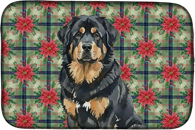 Caroline's Treasures Black and Tan Tibetan Mastiff Christmas PoinsettIas Dish Drying Mat Absorbent Dish Drying Mat Pad for Kitchen Counter Dish Drainer Mat for Countertop, 14 x 21", Multicolor