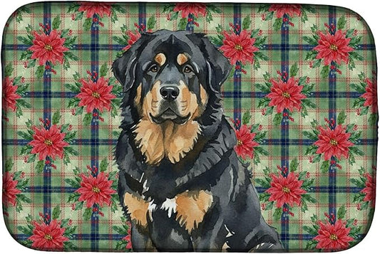 Caroline's Treasures Black and Tan Tibetan Mastiff Christmas PoinsettIas Dish Drying Mat Absorbent Dish Drying Mat Pad for Kitchen Counter Dish Drainer Mat for Countertop, 14 x 21", Multicolor
