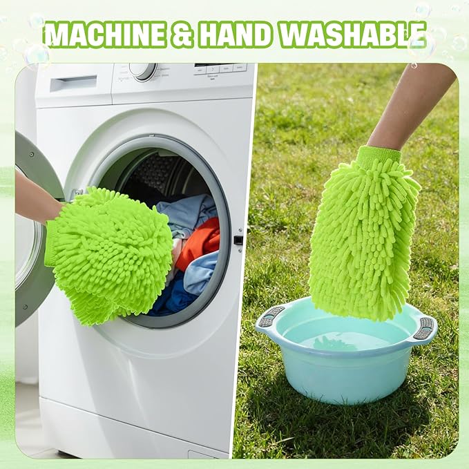 24 Pack Car Wash Mitt Bulk Microfiber, 10'' x 8'' Chenille Car Wash Mitt Gloves, Scratch Free Double Sided No Lint No Marks for Truck SUV and All Vehicle Surfaces (Lime Green)