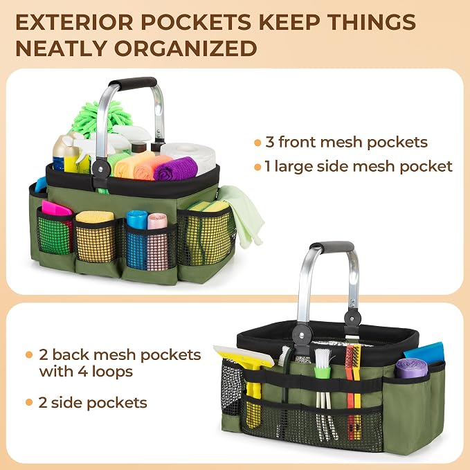 PGmoon Foldable Cleaning Caddy, Cleaning Supply Organizer Bag with Rotate Handle, Easy Clean Liner & Multi-Pockets, Portable Small Cleaning Tote for Kitchen Cleaning Supplies, Products, Housekeepers
