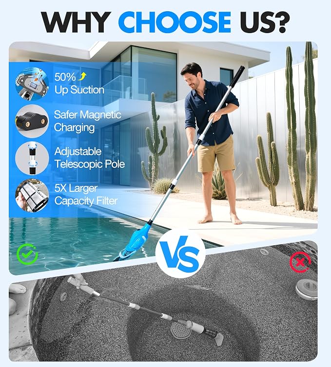 KlrSwp Cordless Pool Vacuum for Above Ground Pool, Magnetic Charging Handheld Pool Vacuum Cleaner, Anti-backflow Design Spa Vacuum for Hot Tub with Telescopic Pole | 18.5GPM Suction, 80-Min Runtime