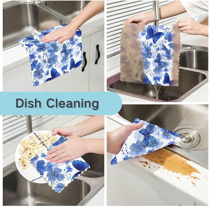 Watercolor Blue Butterfly Kitchen Towels Dish Cloths Set of 6 Microfiber Cleaning Cloths for Cars Super Absorbent Machine