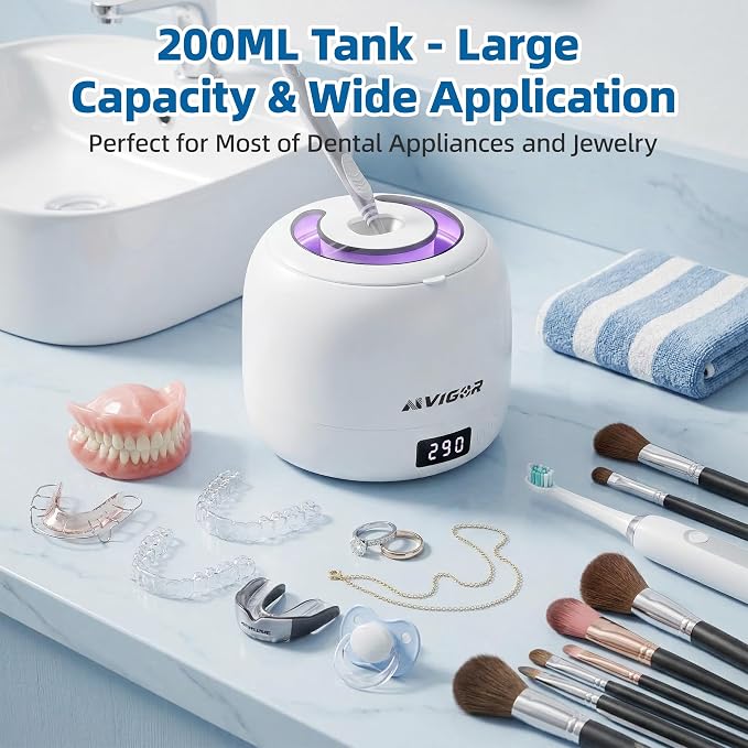 Dental Ultrasonic Retainer Cleaner Machine - 45kHz Separable Dental Cleaning Pod with Digital Timer & 200ML Tank - Professional Device for Dentures, Aligners, Mouth Guards, Braces, Jewelry